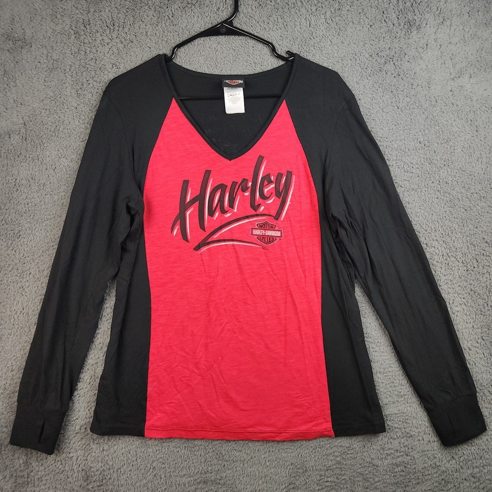 Harley-Davidson Shirt Womens Extra Large Red Black V-Neck Biker Kewanee Illinois